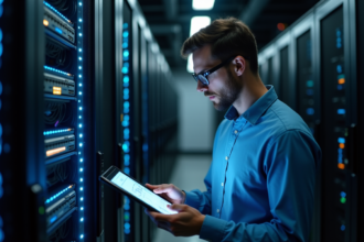 Homme IT professionnel vérifiant diagrammes réseau sur tablette