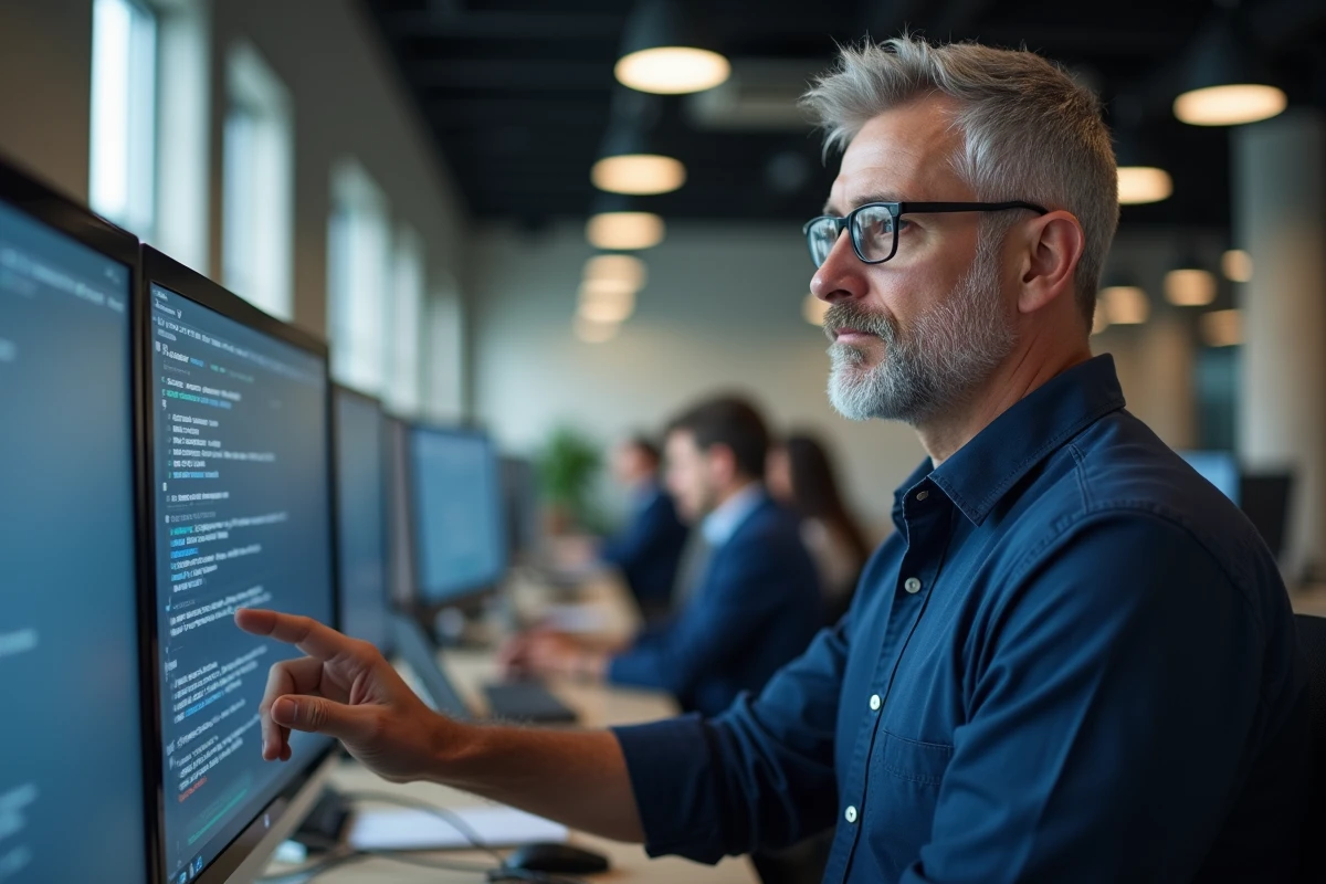 Professionnel IT configurant les paramètres de filtre SafeSearch sur un grand écran dans un bureau d'entreprise