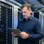 Professionnel IT masculin devant des serveurs Dell dans un datacenter moderne