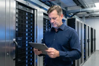 Professionnel IT masculin devant des serveurs Dell dans un datacenter moderne