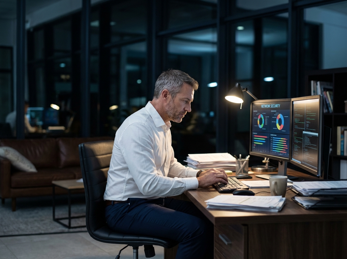 Homme IT professionnel concentré devant un écran de sécurité