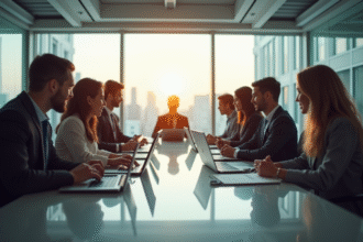 Professionnels en réunion dans un bureau moderne
