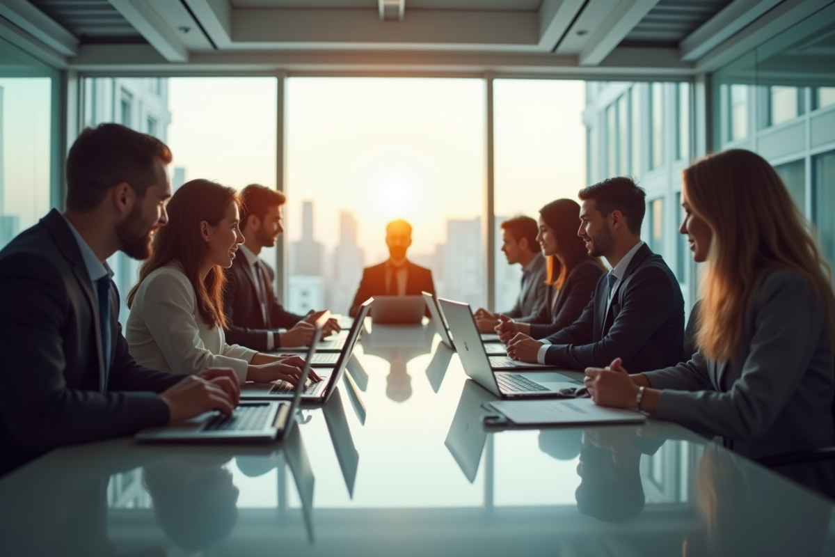 Professionnels en réunion dans un bureau moderne