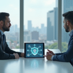 Deux professionnels discutent de cybersécurité dans un bureau lumineux