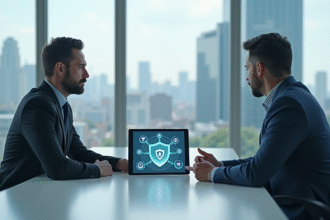 Deux professionnels discutent de cybersécurité dans un bureau lumineux