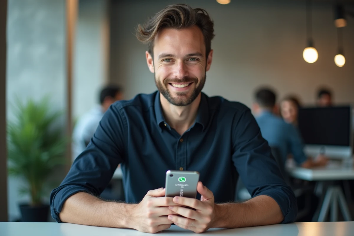 Homme en bureau programmant un message WhatsApp sur Android sans application tierce