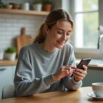 Femme utilisant WhatsApp sur smartphone pour programmer un message depuis sa cuisine