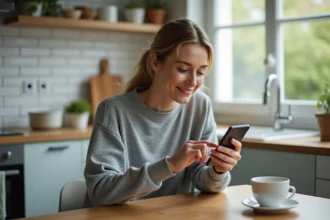 Femme utilisant WhatsApp sur smartphone pour programmer un message depuis sa cuisine