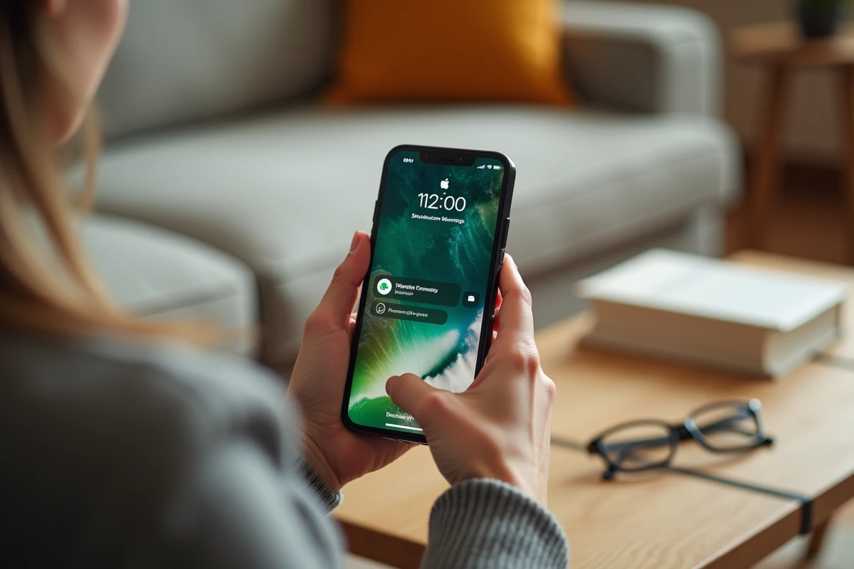 Mains tenant un iPhone avec l'option de programmation de message WhatsApp affichée à l'écran
