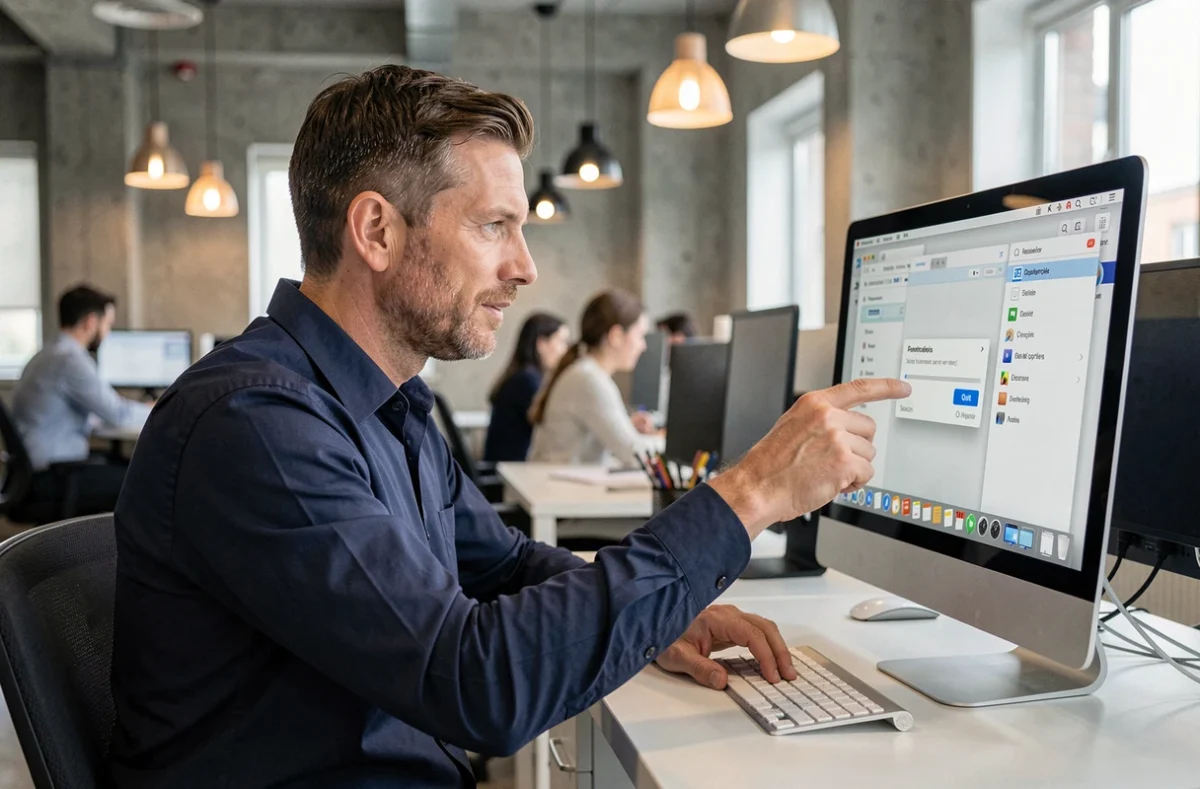 Homme quittant une application Mac via le menu contextuel du Dock sur iMac