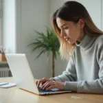 Femme utilisant le raccourci clavier couper Ctrl+X sur un laptop dans un bureau minimaliste