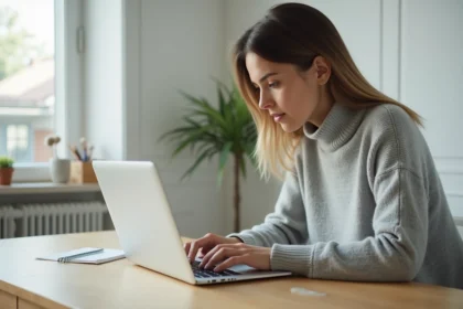 Femme utilisant le raccourci clavier couper Ctrl+X sur un laptop dans un bureau minimaliste