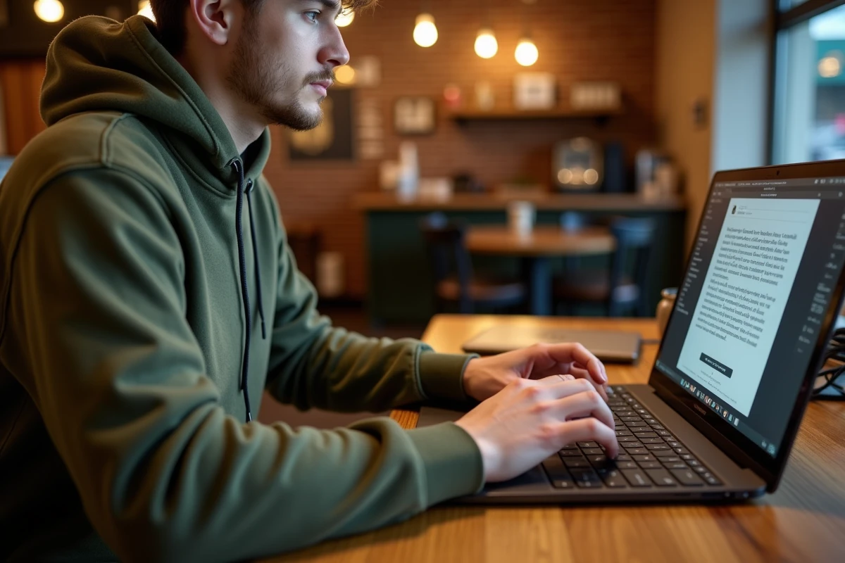 Jeune homme utilisant le raccourci clavier couper dans un navigateur web depuis un café