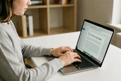 Femme tapant un raccourci clavier pour mettre du texte en majuscule sur un traitement de texte