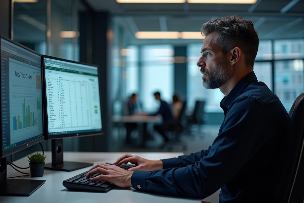 Homme au bureau utilisant le raccourci couper sur Excel avec double écran en open space