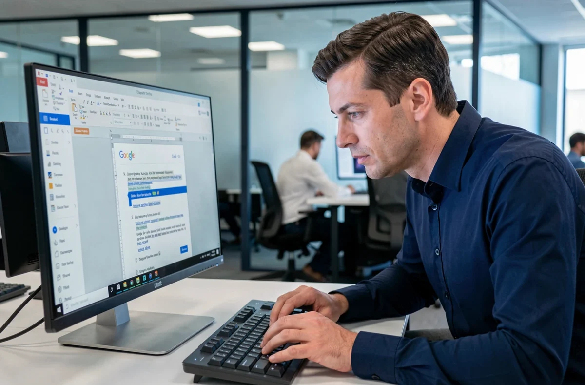 Homme utilisant un raccourci clavier pour convertir du texte en majuscules dans Google Docs