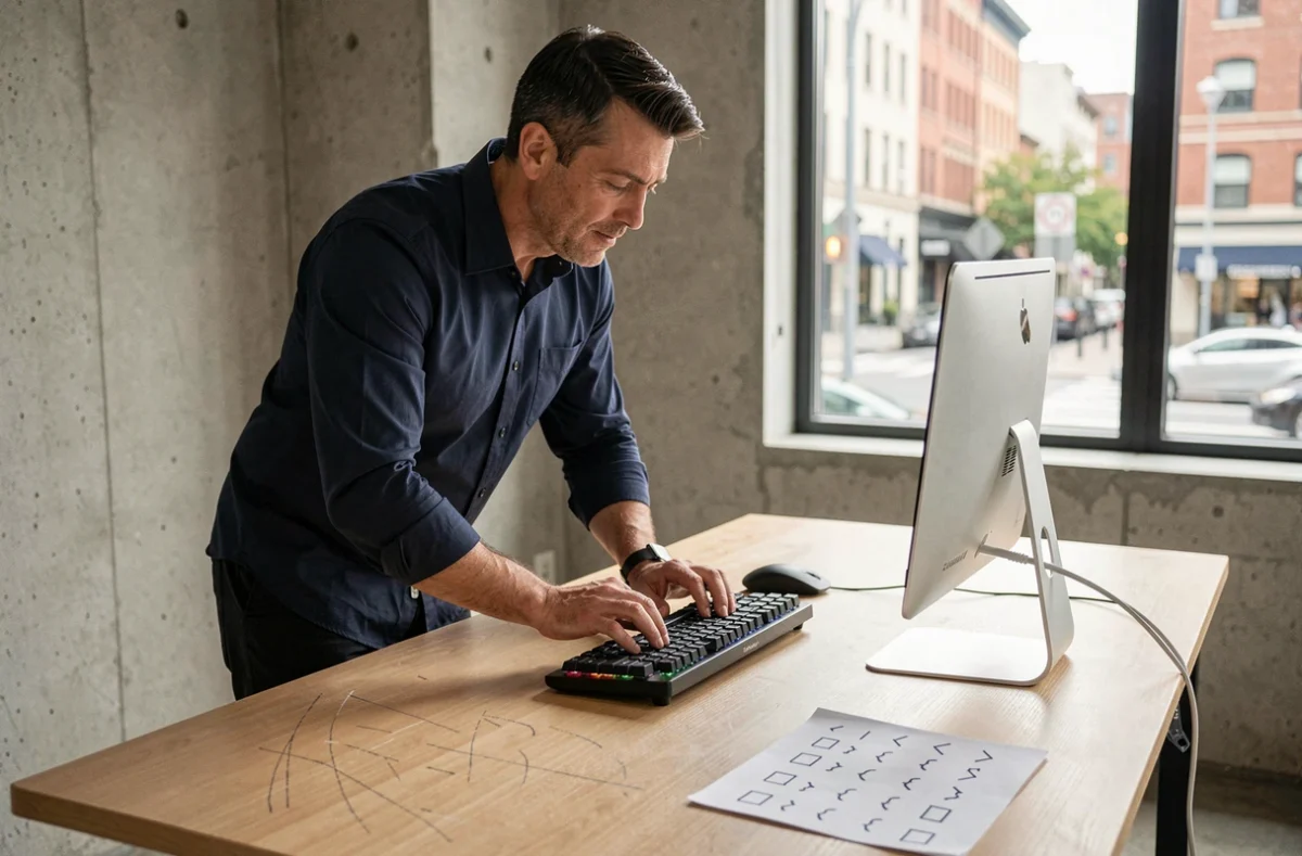 Homme consultant une fiche de raccourcis clavier Mac pour utiliser crochets et accolades dans un bureau moderne