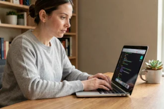 Femme tapant des raccourcis clavier sur un MacBook Pro pour insérer des crochets et accolades sous macOS