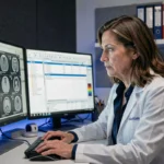 Radiologue femme analysant des images médicales sur logiciel DICOM dans une salle de lecture moderne