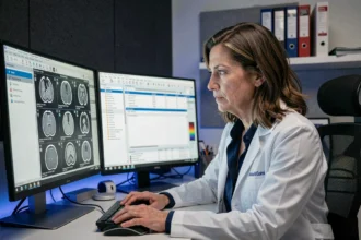 Radiologue femme analysant des images médicales sur logiciel DICOM dans une salle de lecture moderne