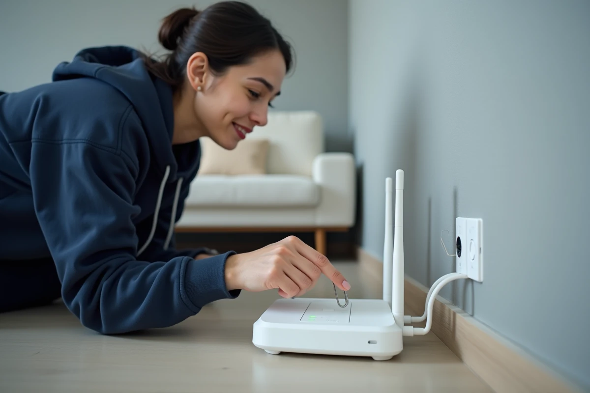 Femme appuyant sur le bouton reset d'un routeur avec un trombone pour réinitialiser l'accès à l'interface d'administration