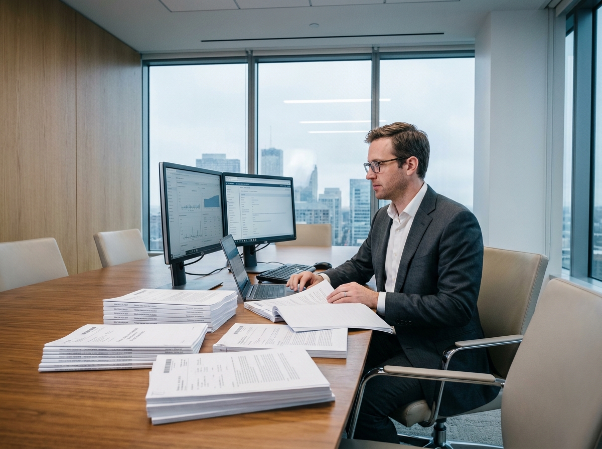 Responsable R&D en entreprise examinant des documents brevets et rapports techniques pour préparer un dossier de crédit impôt recherche avec état de l'art