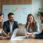 Quatre collègues adultes en réunion dans un bureau lumineux