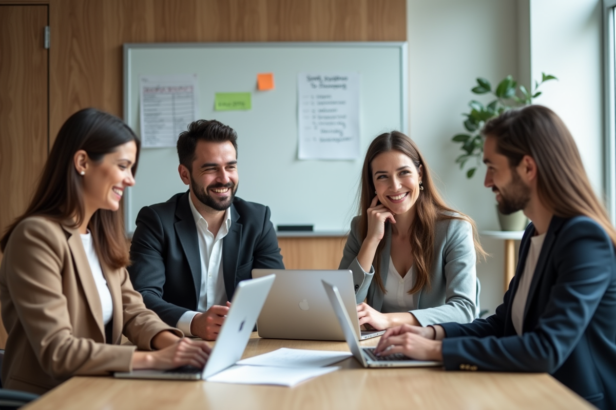 Quatre collègues adultes en réunion dans un bureau lumineux