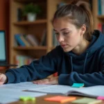 Étudiante révisant les catégories de logiciels malveillants sur des notes manuscrites entourée de livres de cybersécurité