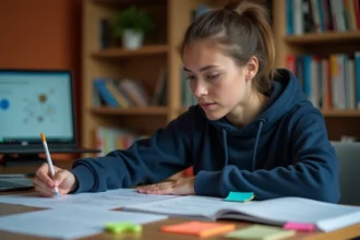 Étudiante révisant les catégories de logiciels malveillants sur des notes manuscrites entourée de livres de cybersécurité