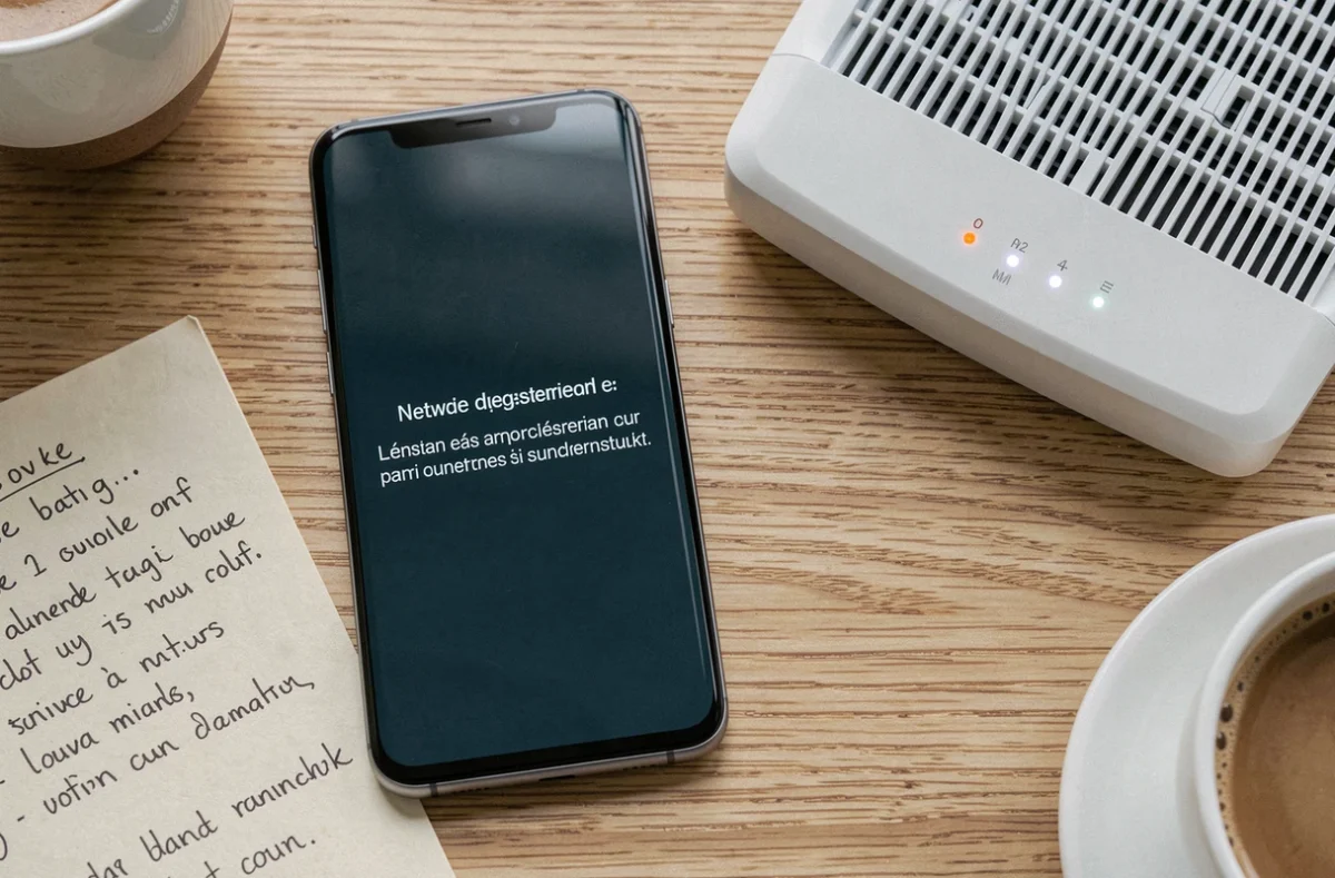 Vue de dessus d'un Samsung affichant une erreur réseau posé près d'un routeur WiFi domestique