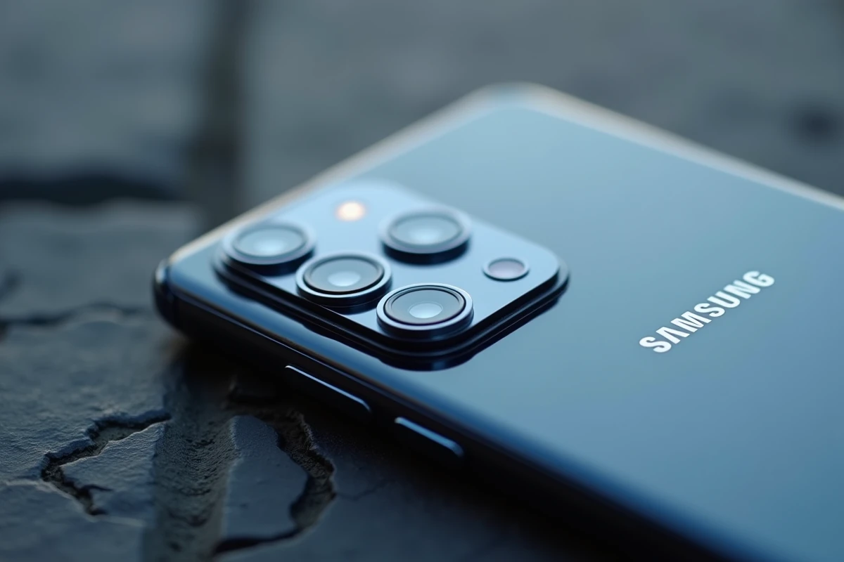 Gros plan sur le module triple caméra du Samsung Galaxy 24 FE sur fond ardoise foncée, détail des optiques et finitions métalliques