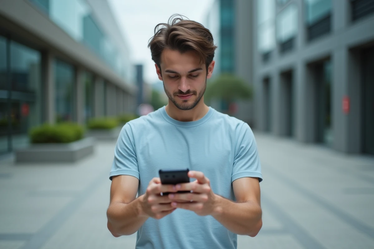 Homme tenant un Samsung Galaxy 24 FE en mode paysage pour photographier en extérieur dans un environnement urbain moderne