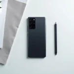 Samsung Galaxy 24 FE posé sur un bureau blanc épuré, vue de dessus révélant le module photo et le design minimaliste du smartphone