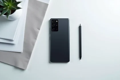 Samsung Galaxy 24 FE posé sur un bureau blanc épuré, vue de dessus révélant le module photo et le design minimaliste du smartphone