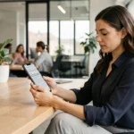 Femme utilisant un Samsung Galaxy A55 au bureau dans un environnement de travail moderne