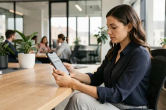 Femme utilisant un Samsung Galaxy A55 au bureau dans un environnement de travail moderne
