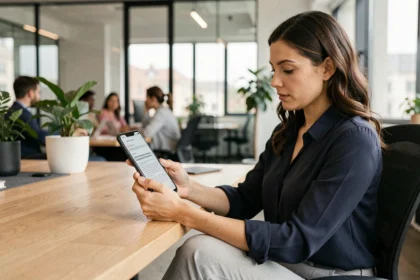 Femme utilisant un Samsung Galaxy A55 au bureau dans un environnement de travail moderne