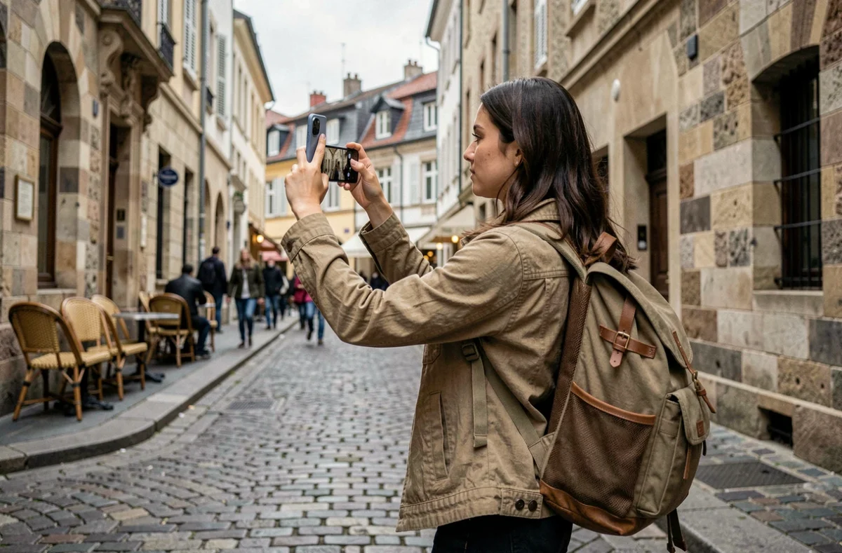 Jeune voyageuse utilisant le Samsung Galaxy A55 pour photographier une rue européenne en voyage