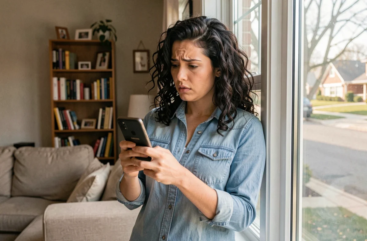 Femme près d'une fenêtre vérifiant le signal réseau de son téléphone Samsung à la maison