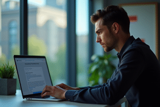 Personne vérifiant un email suspect sur un bureau moderne