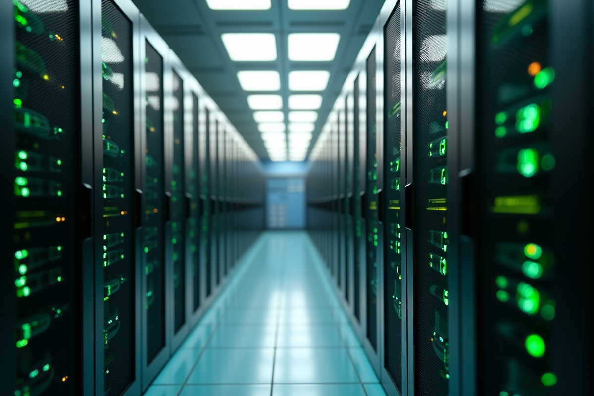 Serveurs dans un centre de données avec éclairage écologique