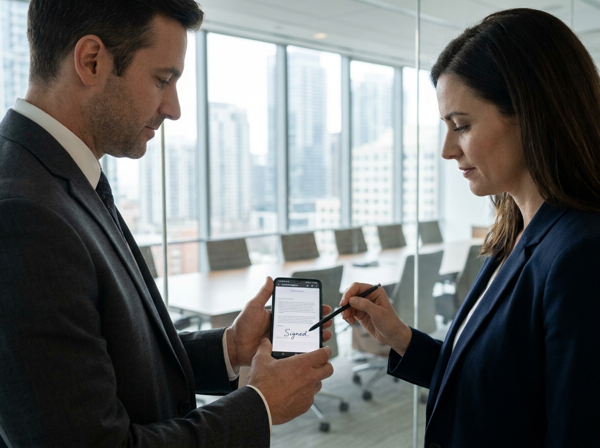 Deux professionnels finalisant la signature électronique d'un devis commercial sur smartphone en salle de réunion