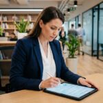 Femme professionnelle signant un contrat numérique sur tablette dans un bureau moderne, sans impression ni scan