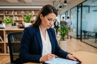 Femme professionnelle signant un contrat numérique sur tablette dans un bureau moderne, sans impression ni scan
