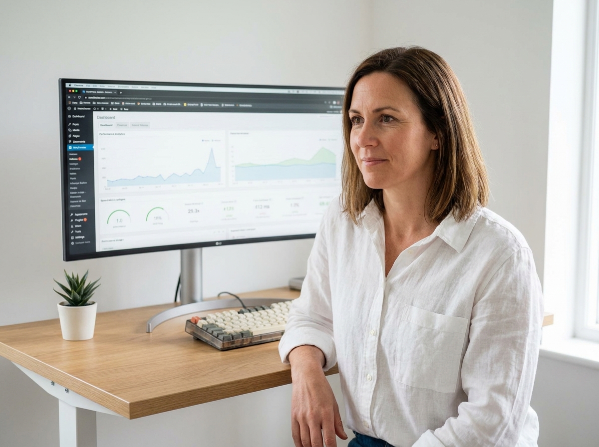 Une développeuse WordPress consultant les performances de son site hébergé sur SiteGround depuis son bureau