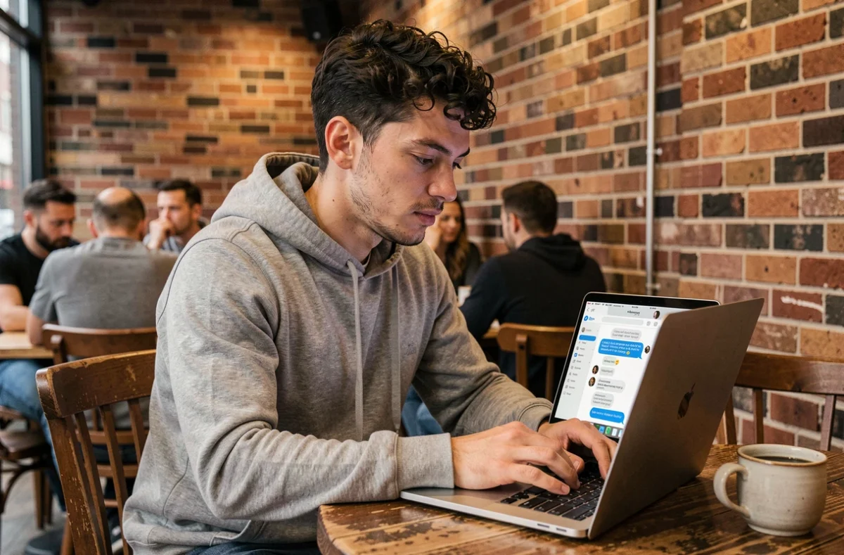Jeune homme créant un sondage sur Messenger via un ordinateur portable dans un café moderne