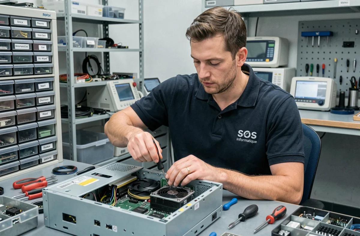 Technicien SOS Informatique Dax réparant un ordinateur de bureau dans son atelier à Dax