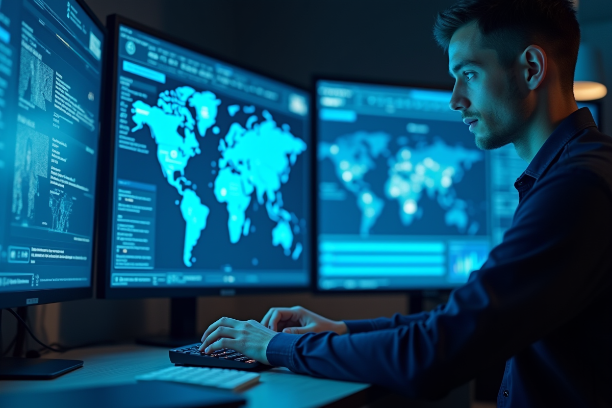 Jeune spécialiste informatique travaillant dans une salle de contrôle high tech