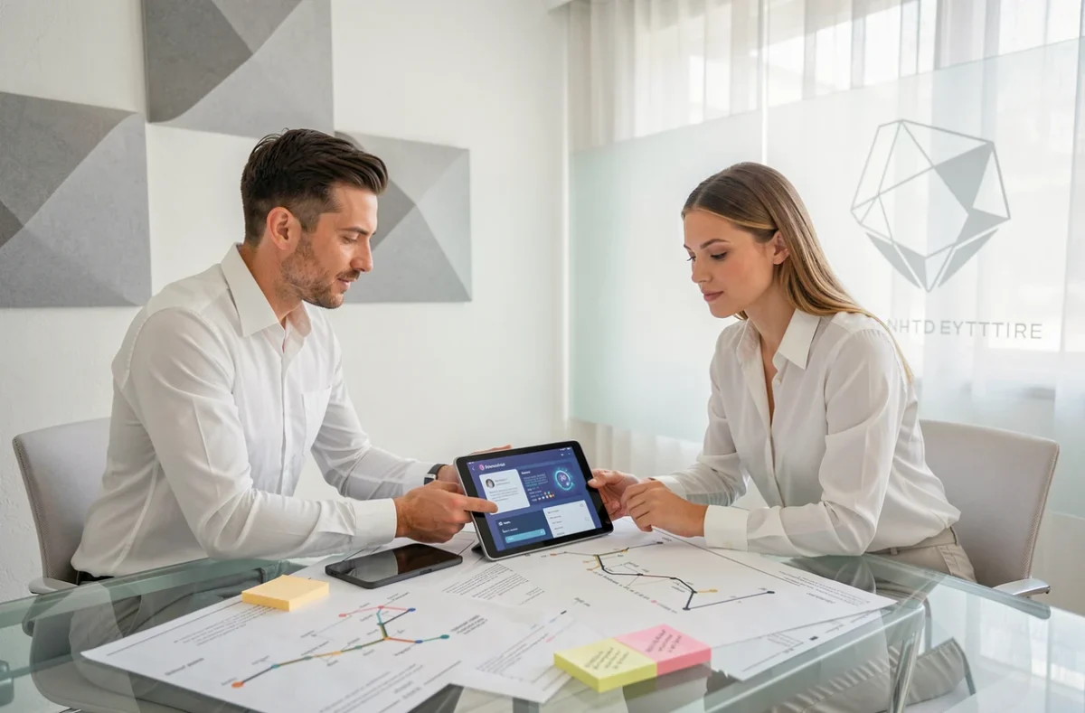 Deux consultants de Square One collaborant sur une feuille de route stratégique IA autour d'une table de réunion moderne
